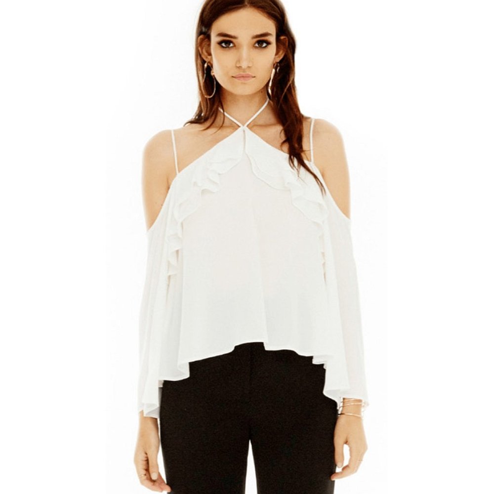 ASTR Marilyn Top Cut-Outs Off-The-Shoulder Halter Strappy Long Sleeve Blouse XS